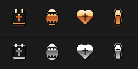 Set Calendar with Easter, egg, Christian cross in heart and Coffin icon. Vector