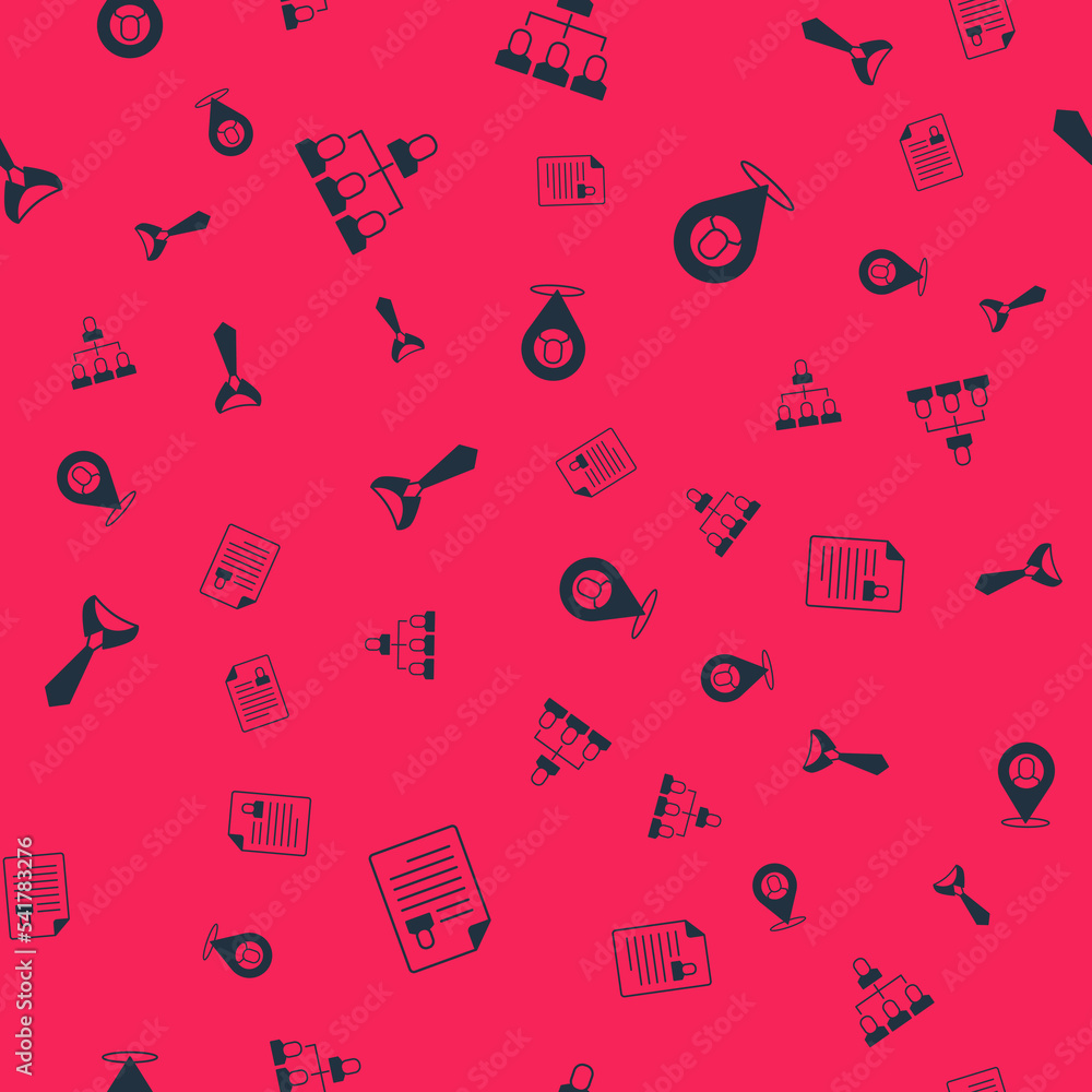 Poster set resume, employee hierarchy, tie and worker location on seamless pattern. vector