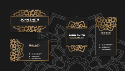 Luxury black business card with golden mandala decoration designs, Bright floral ornamental elements