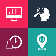 Fototapeta premium Set pop art Worker location, time, Magnifying glass for search job and Search icon. Vector