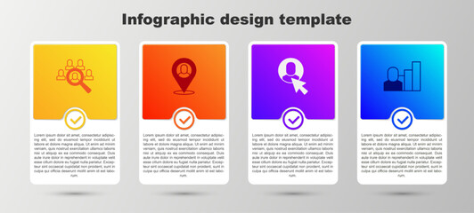 Set Magnifying glass for search job, Worker location, and Productive human. Business infographic template. Vector