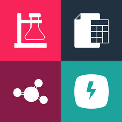 Set pop art Lightning bolt, Molecule, Calculator and Test tube flask on stand icon. Vector