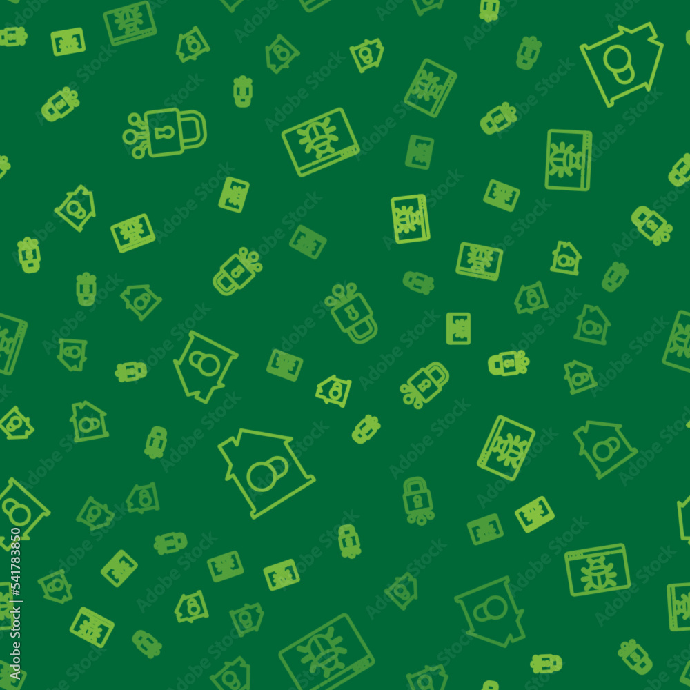 Poster set line cyber security, smart home and system bug on seamless pattern. vector