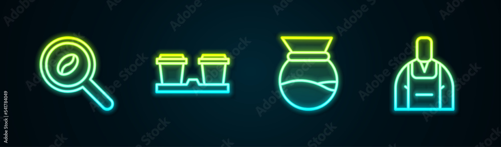 Canvas Prints Set line Selection coffee beans, Coffee cup to go, Pour over maker and Barista. Glowing neon icon. Vector