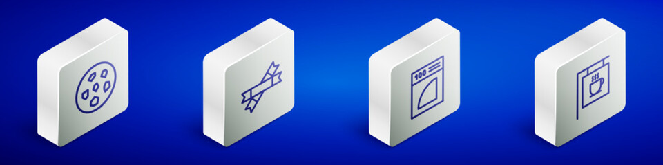 Set Isometric line Cookie or biscuit, Sugar stick packets, Coffee paper filter and Street signboard coffee icon. Vector