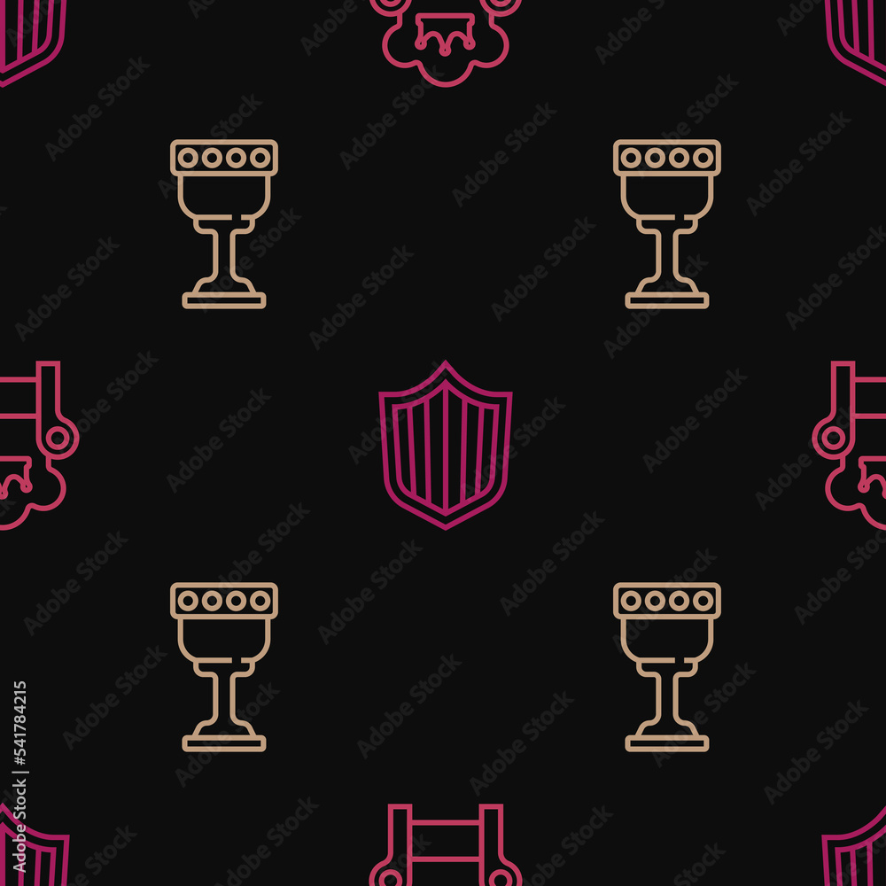 Poster set line medieval throne, goblet and shield on seamless pattern. vector