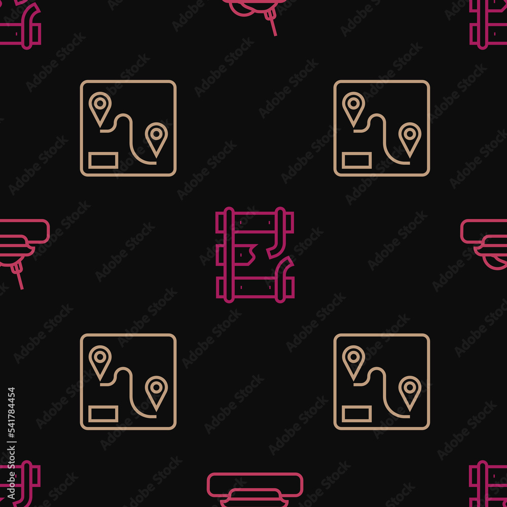Poster set line plate with food, route location and broken rails railway on seamless pattern. vector
