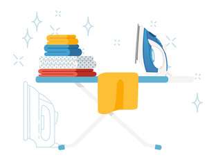 Metal ironing board with soft blue cover for hand ironing clothes vector illustration isolated on white background