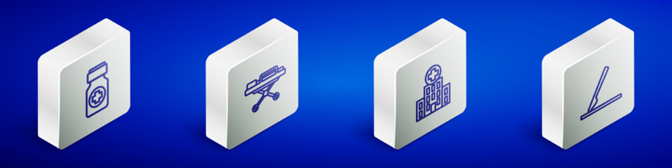 Set Isometric line Medicine bottle and pills, Stretcher, Medical hospital building and surgery scalpel icon. Vector