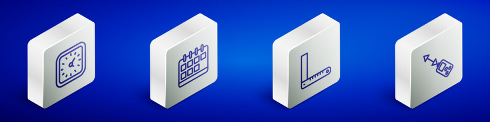 Set Isometric line Clock, Calendar, Corner ruler and Laser distance measurer icon. Vector