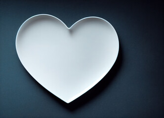 Blank white heart shaped plate on the dark background,  food mockup plate.