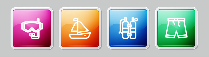 Set line Diving mask, Yacht sailboat, Aqualung and Swimming trunks. Colorful square button. Vector