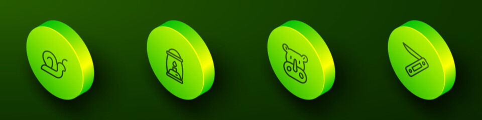 Set Isometric line Snail, Camping lantern, Rhinoceros and Swiss army knife icon. Vector