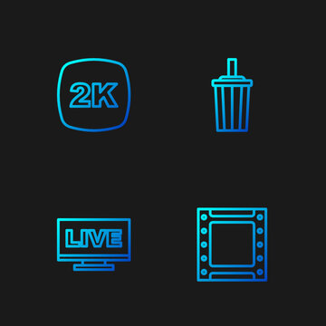 Set line Play video, Live stream, 2k Ultra HD and Paper glass with water. Gradient color icons. Vector