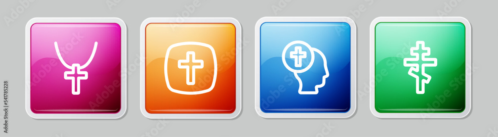 Poster set line christian cross on chain, priest and . colorful square button. vector