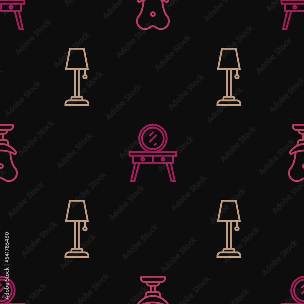 Poster set line armchair, floor lamp and dressing table on seamless pattern. vector