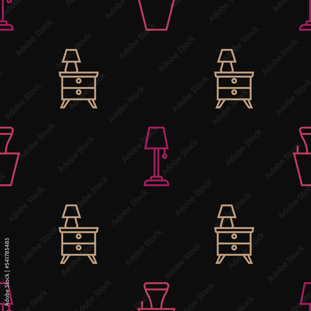Poster set line table lamp, nightstand with and floor on seamless pattern. vector