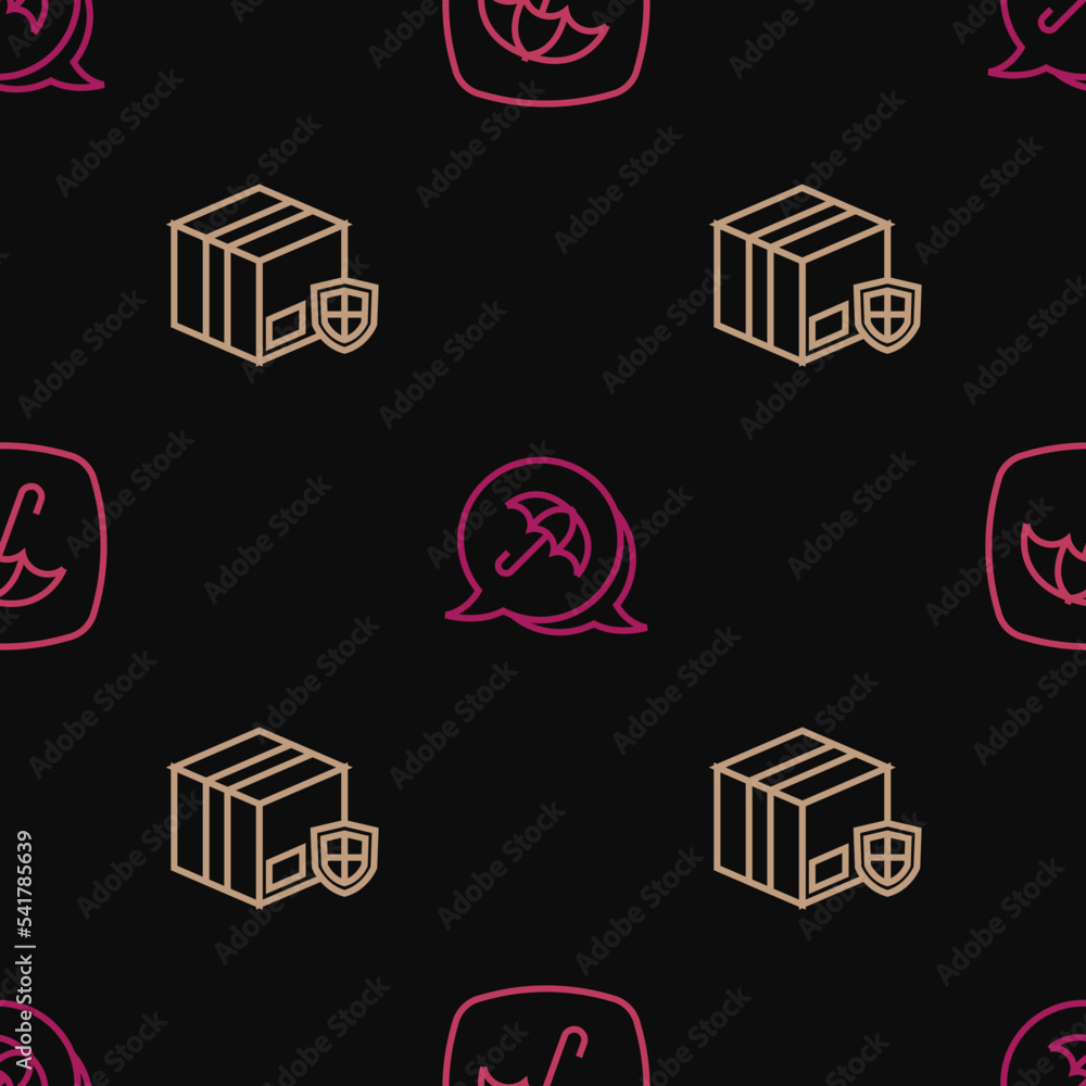 Poster set line umbrella, delivery security with shield and on seamless pattern. vector