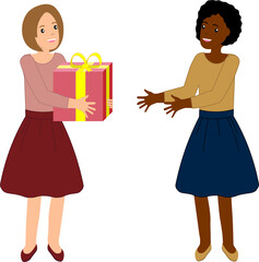 A young white girl gives a gift to black girl
