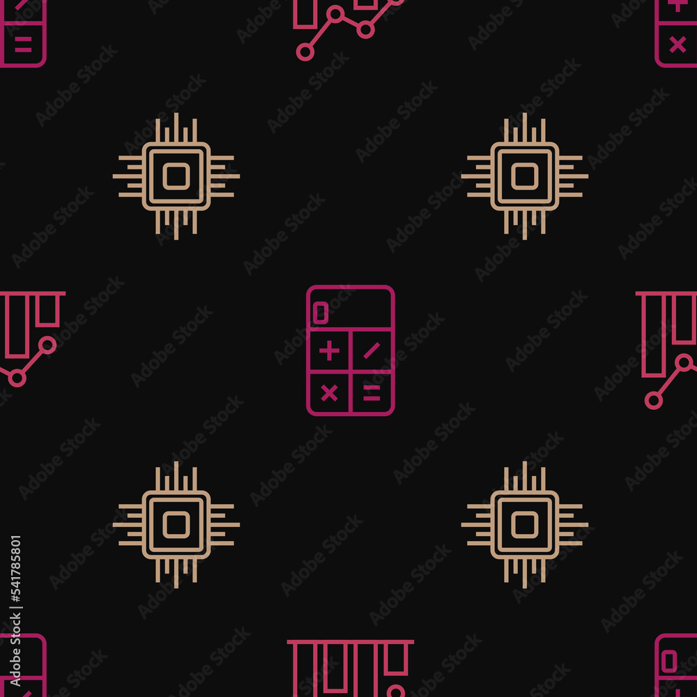 Poster set line pie chart infographic, processor cpu and calculator on seamless pattern. vector