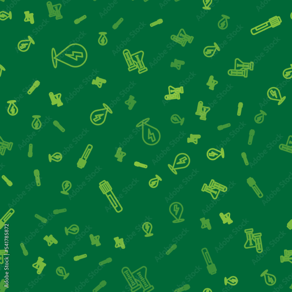 Poster set line lightning bolt, test tube and on seamless pattern. vector