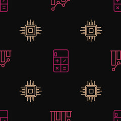 Set line Pie chart infographic, Processor CPU and Calculator on seamless pattern. Vector