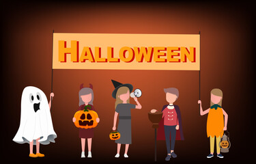 Children wearing Halloween costumes showing Halloween signs. Vector illustration Eps 10.