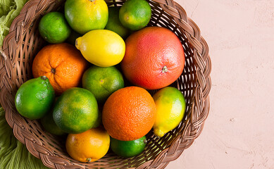 Assortment, citrus fruits, in a basket, close-up, top view, no people,
