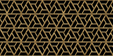 Seamless golden geometric triangle line pattern. Vintage abstract gold plated relief on black background. Modern elegant metallic luxury backdrop. Trendy maximalist gilded wallpaper 3D rendering.
