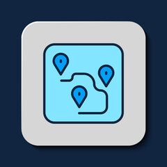 Filled outline Route location icon isolated on blue background. Map pointer sign. Concept of path or road. GPS navigator. Vector