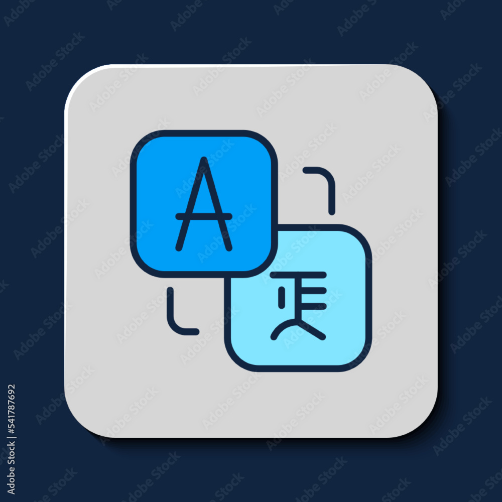 Poster filled outline translator icon isolated on blue background. foreign language conversation icons in c