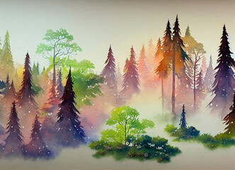 Atmospheric forest watercolor art