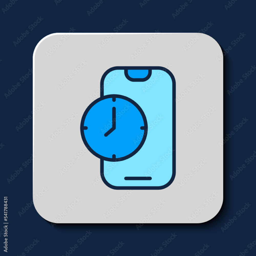 Poster filled outline alarm clock app smartphone interface icon isolated on blue background. vector