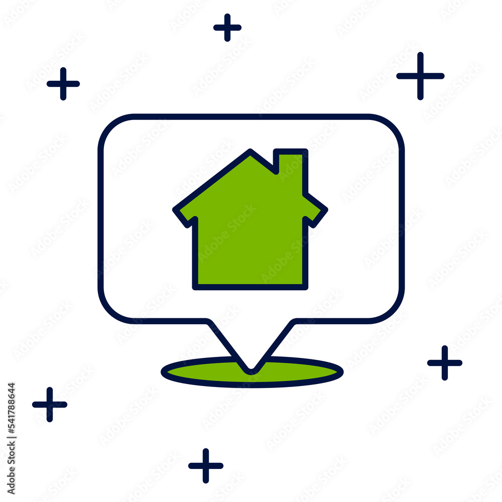 Poster filled outline map pointer with house icon isolated on white background. home location marker symbol