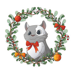 Vector illustration of cat with wreath. Christmas wreath with mistletoe, bows, toys. For postcard design, New Year and Christmas decoration.