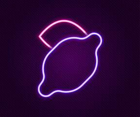 Glowing neon line Casino slot machine with lemon symbol icon isolated on black background. Gambling games. Colorful outline concept. Vector