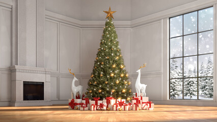 Christmas tree with lots of gift boxes at classical house interior with fireplace and winter snowfall behind the window. Winter time and Merry Christmas background as digital 3D illustration.