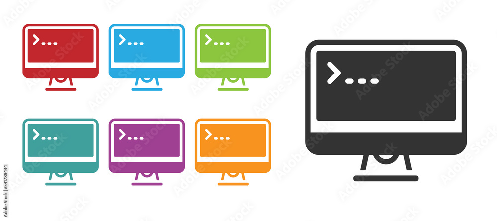 Poster Black Computer monitor screen icon isolated on white background. Electronic device. Front view. Set icons colorful. Vector