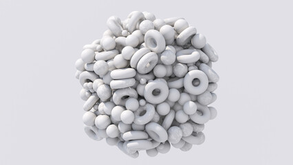 Group of white balls and rings, white background. Abstract monochrome illustration, 3d render.