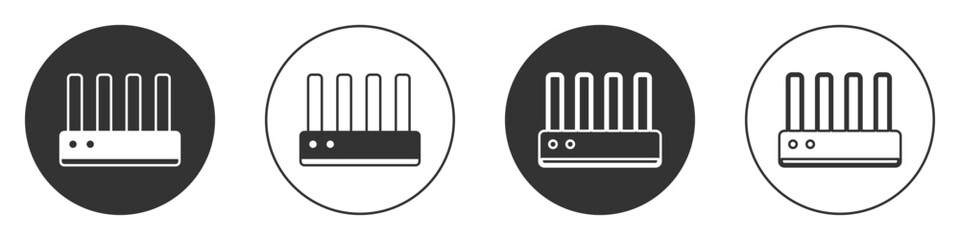 Black Router and wi-fi signal icon isolated on white background. Wireless ethernet modem router. Computer technology internet. Circle button. Vector