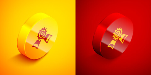 Isometric Medal icon isolated on orange and red background. Winner symbol. Circle button. Vector