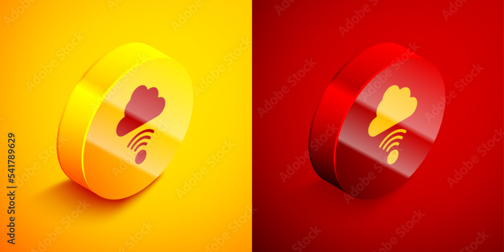 Poster isometric network cloud connection icon isolated on orange and red background. social technology. cl