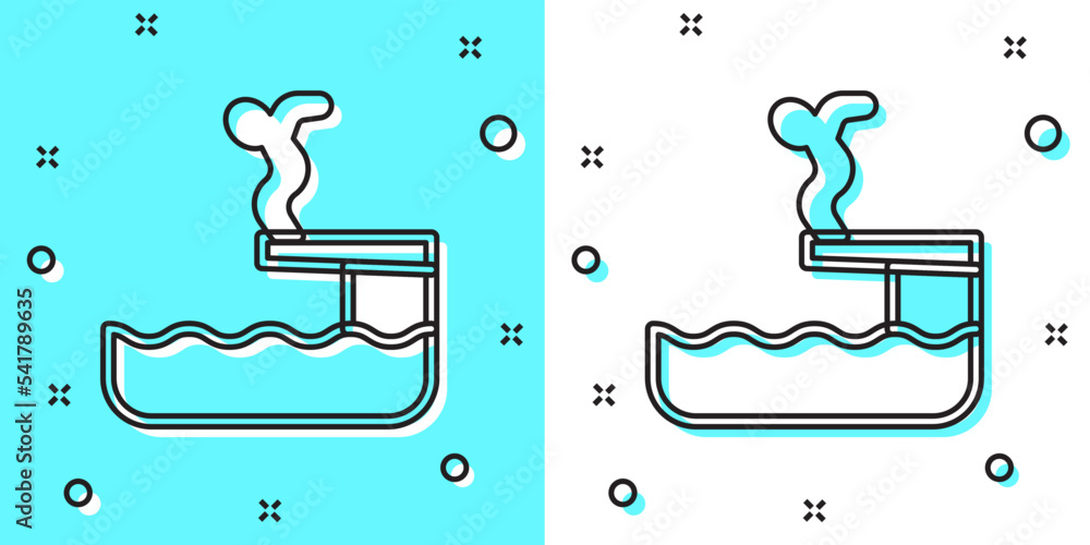 Poster black line swimmer diving into pool icon isolated on green and white background. random dynamic shap