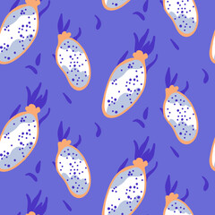 Seamless tropical pattern with cut dragon fruit and leaves in purple and pink colors