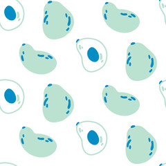 Seamless pattern with avocados in green and blue colors on a white background in flat and line style