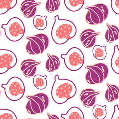 Seamless rich pattern of whole figs and cut fruits in cartoon style in purple and orange colors