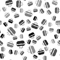 Black Hotdog sandwich with mustard icon isolated seamless pattern on white background. Sausage icon. Fast food sign. Vector