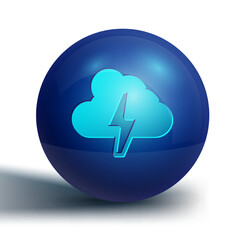 Blue Storm icon isolated on white background. Cloud and lightning sign. Weather icon of storm. Blue circle button. Vector