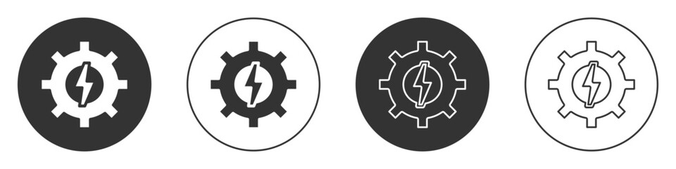 Black Gear and lightning icon isolated on white background. Electric power. Lightning bolt sign. Circle button. Vector