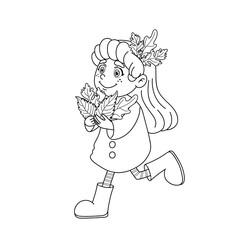 Coloring page cute girl holding leaves in arms. Kid with long hair decorated with autumn foliage. Cozy autumn illustration in cartoon style. Line art.